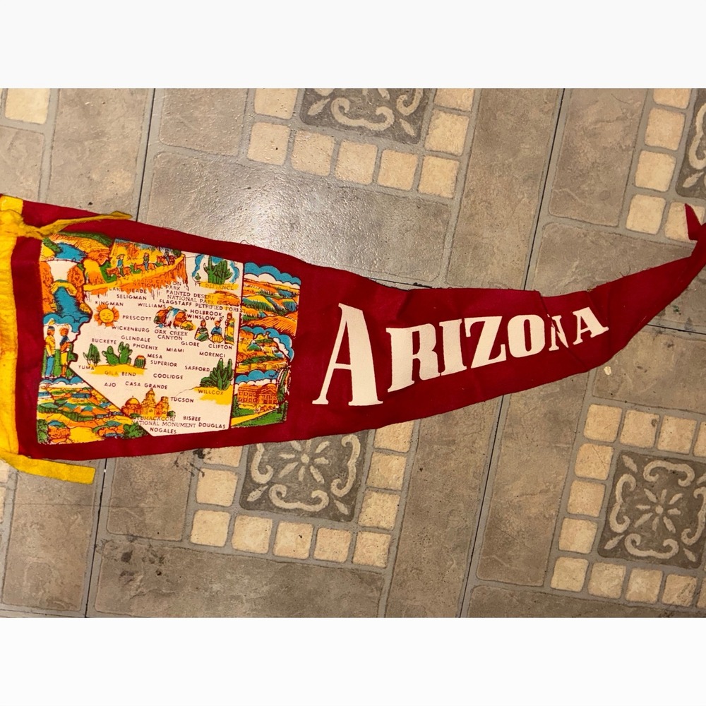 Vintage Arizona Souvenir Pennant Red Felt State Map Graphic Travel Decor